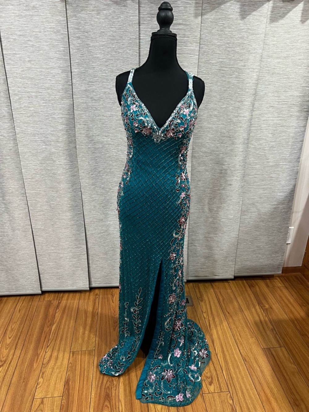 Prom Dress Teal Beaded V-Neck Evening Gown- Primavera Couture Style #3405